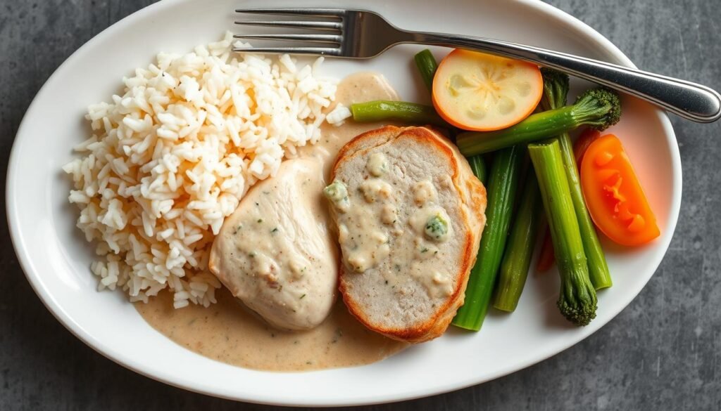 Assiette complète avec escalope de dinde en sauce, riz et légumes Assiette complète avec escalope de dinde en sauce, riz et légumes