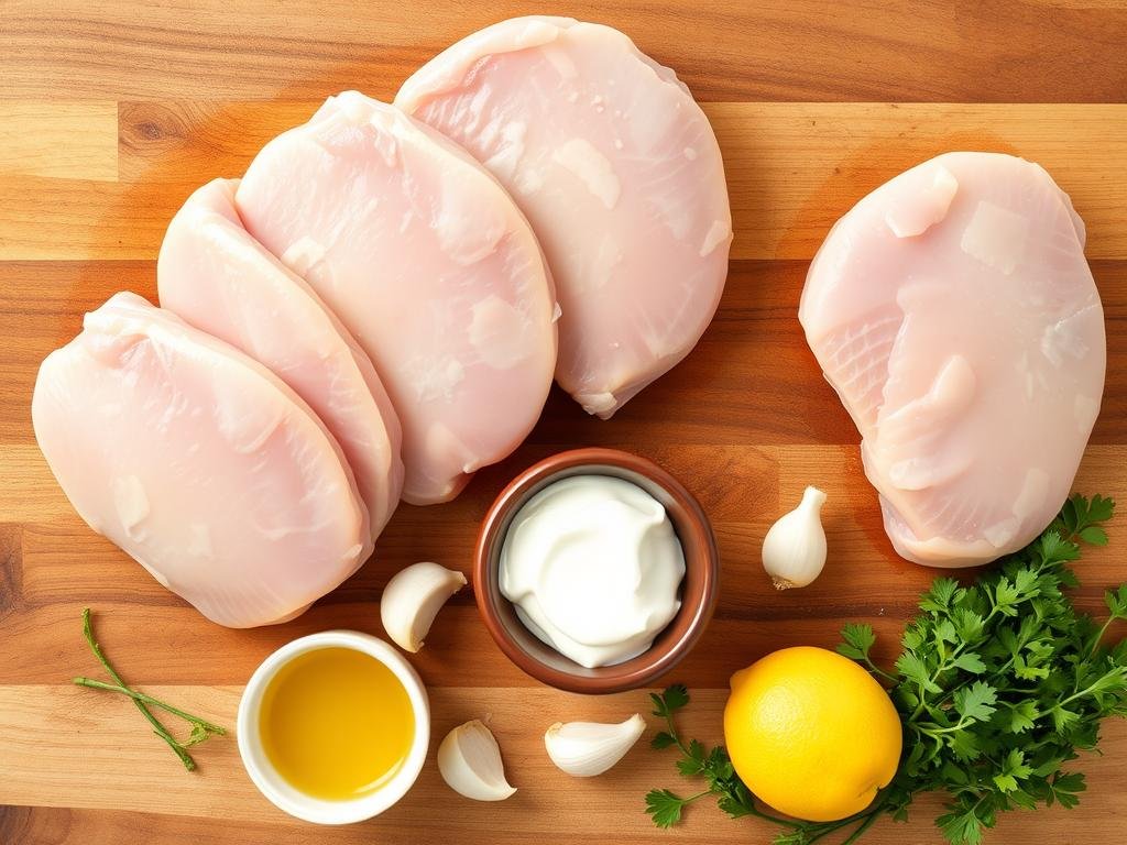 Ingrédients pour la recette d'escalope de dinde en sauce disposés sur un plan de travail Ingrédients pour la recette d'escalope de dinde en sauce disposés sur un plan de travail