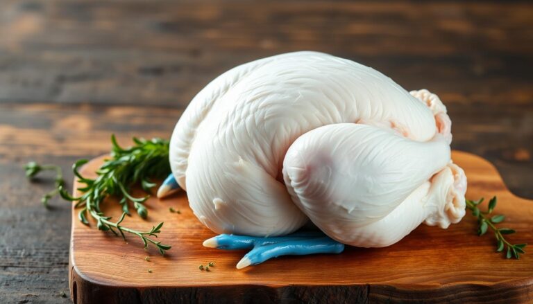 Recettes Poulet de Bresse: Traditions Culinaires Adaptées 1 Poulet de Bresse entier avec sa caractéristique peau blanche et pattes bleues