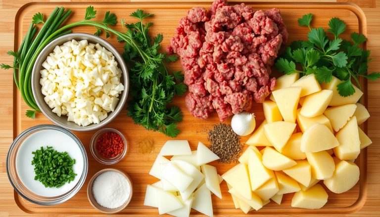 Recette viande hachée pomme de terre : recette facile et économique 5 Ingrédients pour la recette viande hachée pomme de terre disposés sur un plan de travail