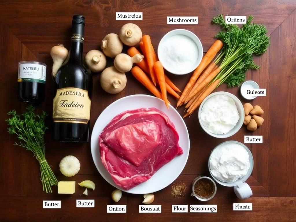 Ingrédients pour préparer la langue de boeuf sauce madère Ingrédients pour préparer la recette langue de boeuf sauce madère