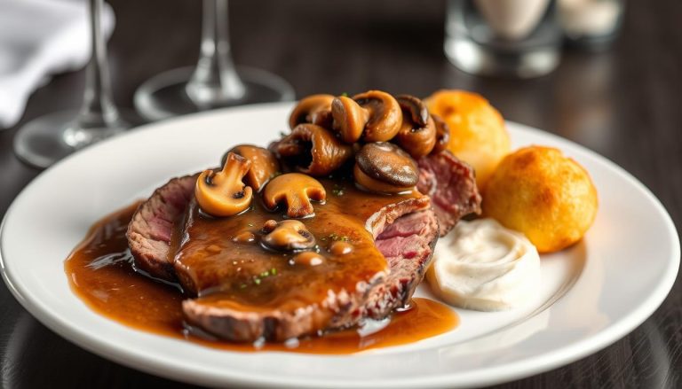 Recette Langue de Boeuf Sauce Madère - Un Plat Traditionnel Français 1 Plat de langue de boeuf sauce madère servi avec des croquettes