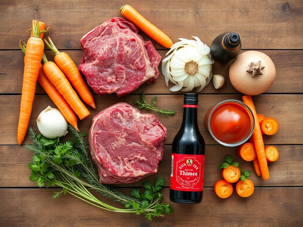 Recette de Boeuf aux Carottes: Le Plat Mijoté Traditionnel Français 1 ingrédients pour la recette de boeuf aux carottes disposés sur une table en bois