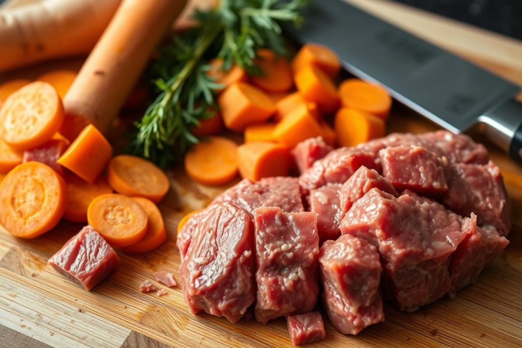 Recette de Boeuf aux Carottes: Le Plat Mijoté Traditionnel Français 2 morceaux de boeuf et carottes coupées pour la recette de boeuf aux carottes