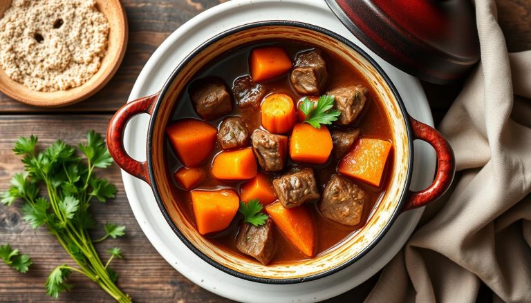 Recette de Boeuf aux Carottes: Le Plat Mijoté Traditionnel Français 3 recette de boeuf aux carottes traditionnelle servie dans une cocotte en fonte