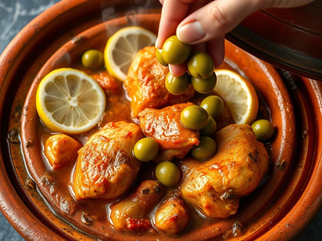 Ajout des olives et du citron dans le tajine au poulet Ajout des olives et du citron dans le tajine au poulet