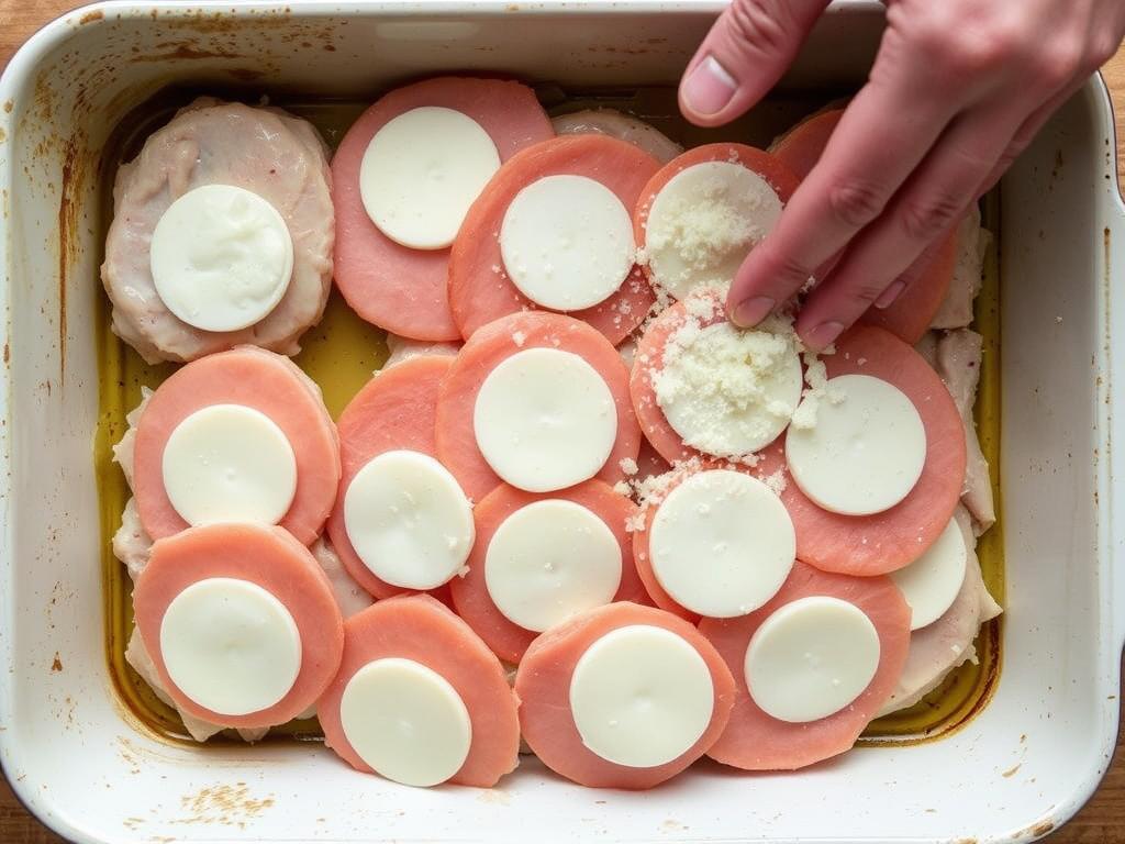 Assemblage des escalopes avec la charcuterie et le fromage avant cuisson