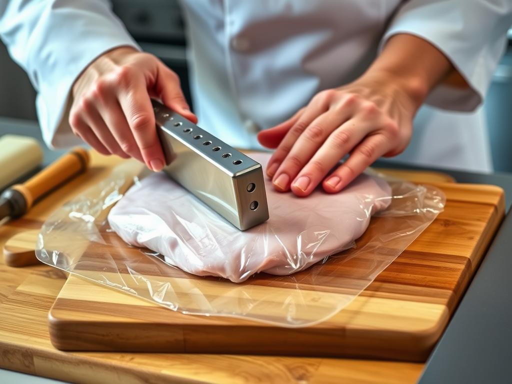 Chef montrant comment aplatir correctement une escalope de dinde Chef montrant comment aplatir correctement une escalope de dinde