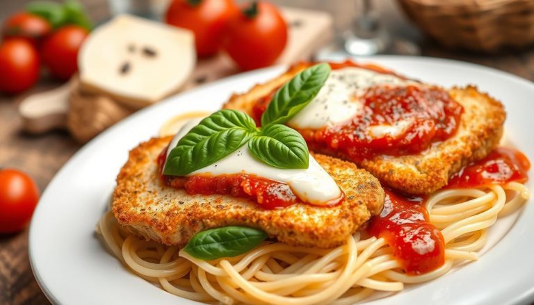 Recette Escalope de Dinde à l'Italienne : Savoureuse et Facile à Préparer 2 Escalope de dinde à l'italienne servie avec des pâtes et garnie de basilic frais