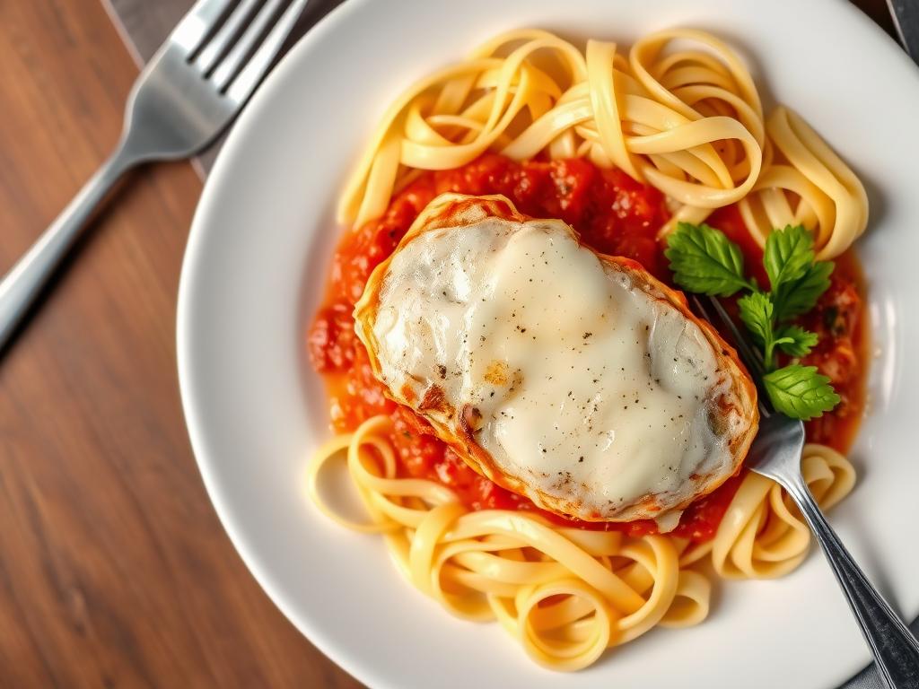 Escalope de dinde à l'italienne servie avec des tagliatelles et une salade verte Escalope de dinde à l'italienne servie avec des tagliatelles et une salade verte