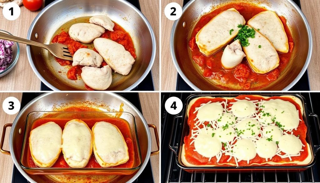 Étapes de préparation de l'escalope de dinde à l'italienne montrant la viande, la sauce tomate et le fromage Étapes de préparation de l'escalope de dinde à l'italienne montrant la viande, la sauce tomate et le fromage