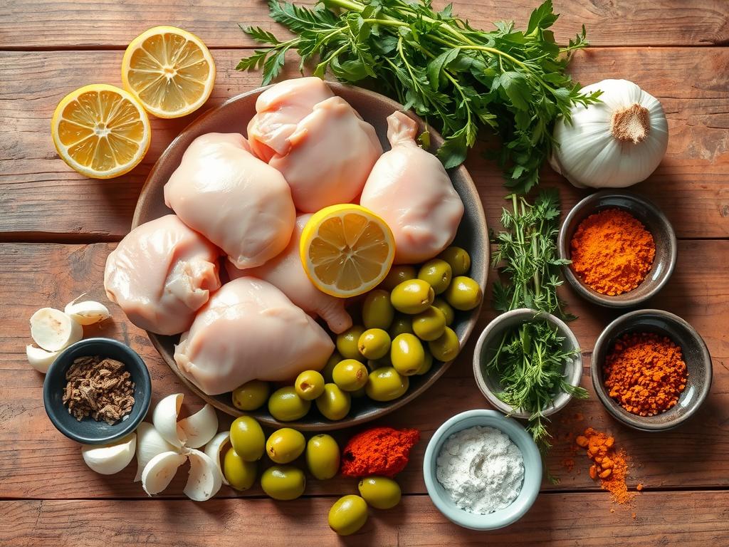 Ingrédients pour la recette tajine au poulet et olives disposés sur une table Ingrédients pour la recette tajine au poulet et olives disposés sur une table