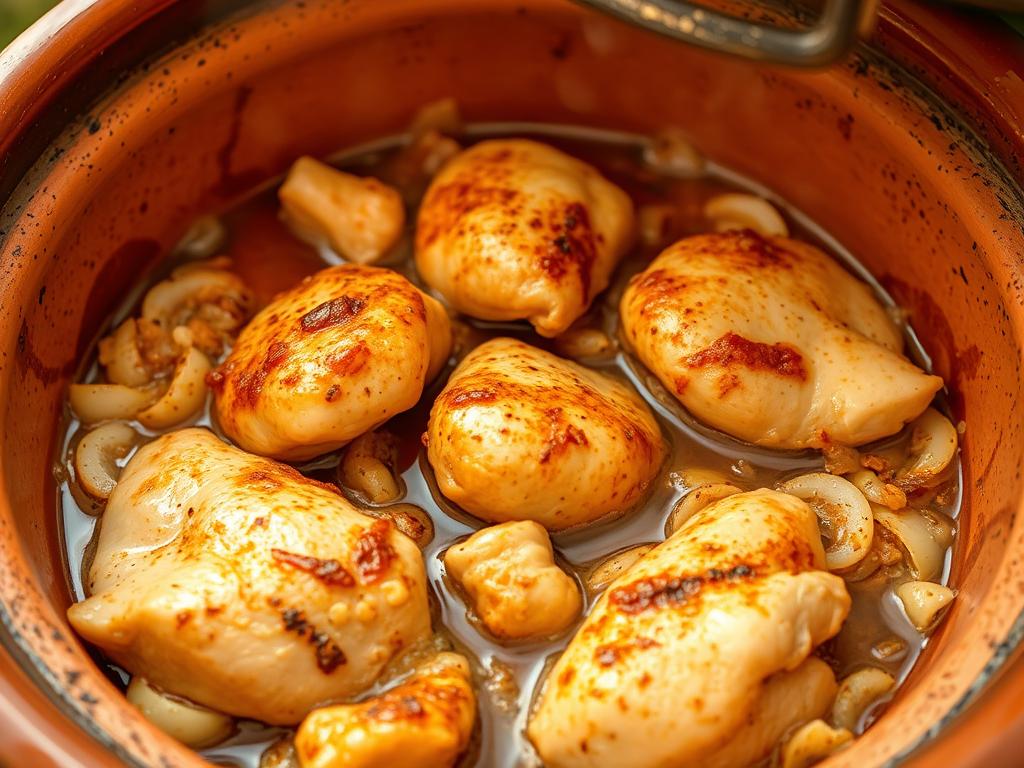 Morceaux de poulet en train de cuire dans le tajine avec les oignons Morceaux de poulet en train de cuire dans le tajine avec les oignons