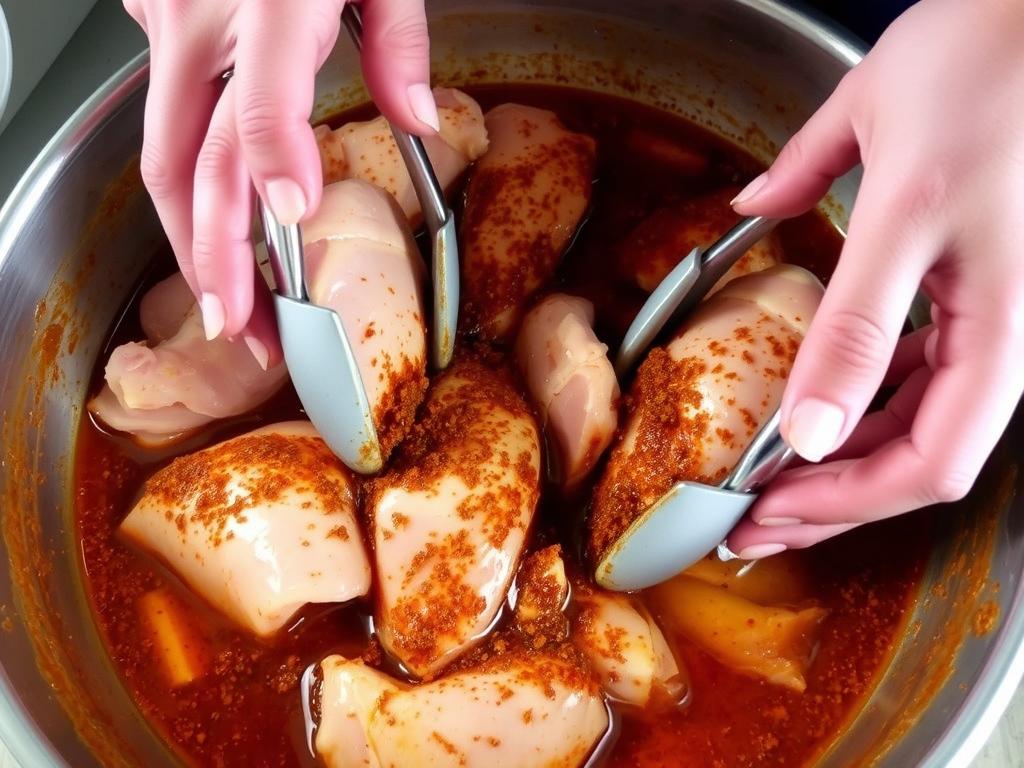 Morceaux de poulet marinés dans les épices pour la recette tajine au poulet et olives Morceaux de poulet marinés dans les épices pour la recette tajine au poulet et olives