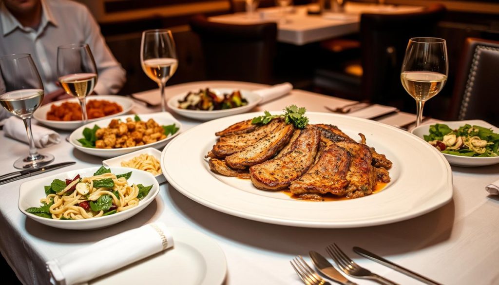 Plat final d'escalope de dinde à l'italienne servi à table avec des pâtes et du vin Plat final d'escalope de dinde à l'italienne servi à table avec des pâtes et du vin