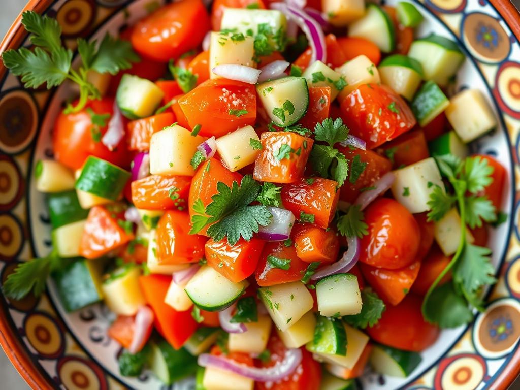 Salade marocaine fraîche avec tomates, concombres et herbes Salade marocaine fraîche avec tomates, concombres et herbes