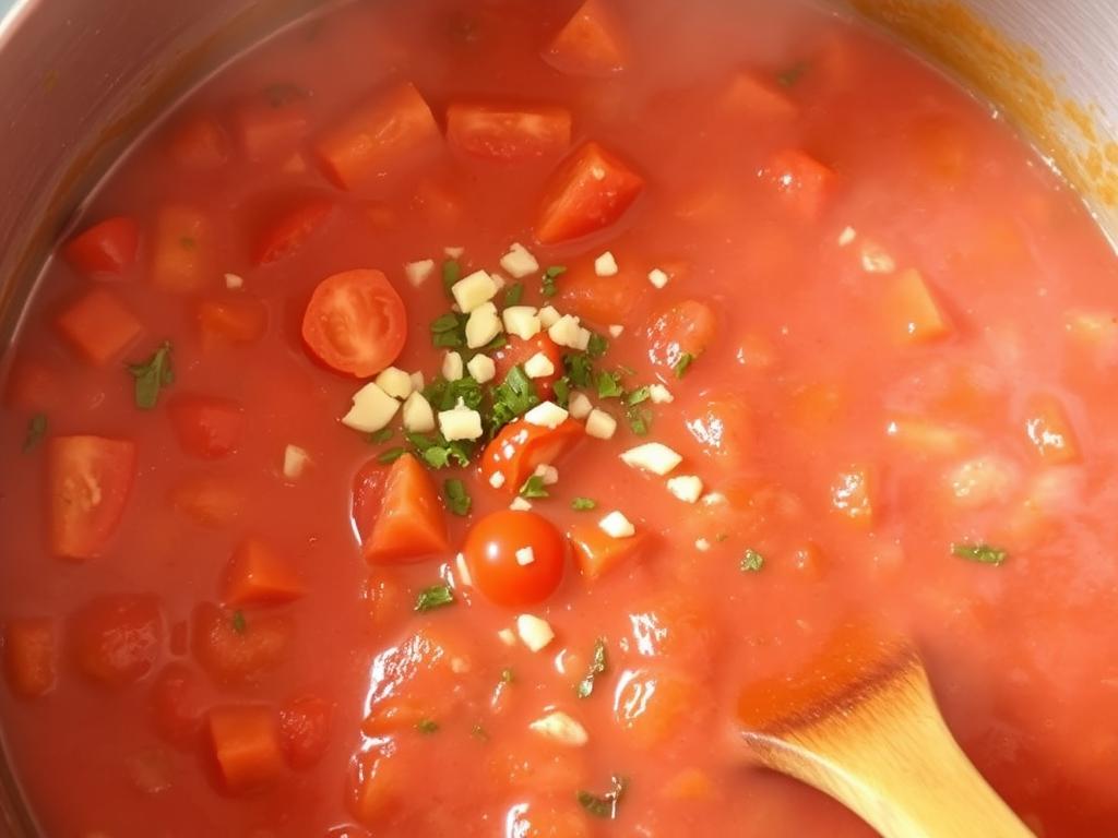 Sauce tomate en préparation avec des tomates, de l'ail et des herbes