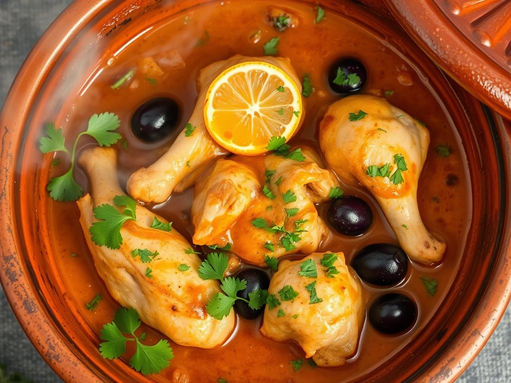 Tajine au poulet et olives finalisé, garni d'herbes fraîches et prêt à servir Tajine au poulet et olives finalisé, garni d'herbes fraîches et prêt à servir