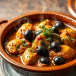 Tajine au poulet et olives marocain traditionnel servi dans un plat en terre cuite