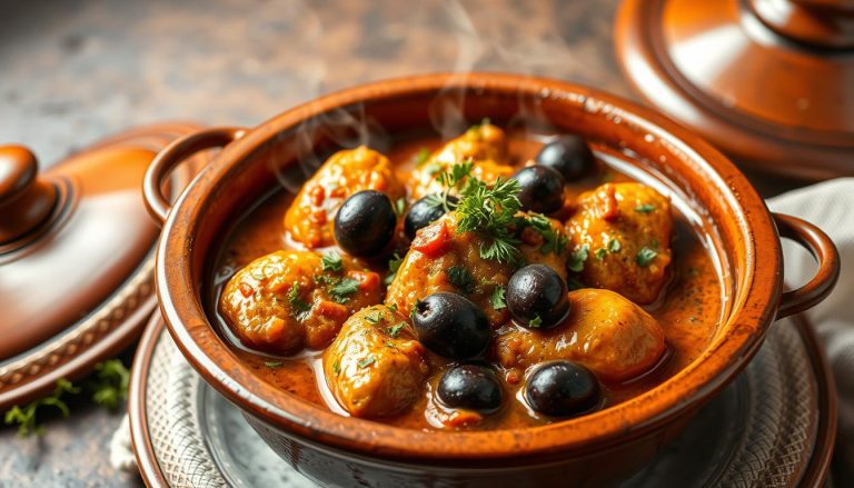 Recette Tajine au Poulet et Olives - Un Voyage Culinaire au Maroc 1 Tajine au poulet et olives marocain traditionnel servi dans un plat en terre cuite