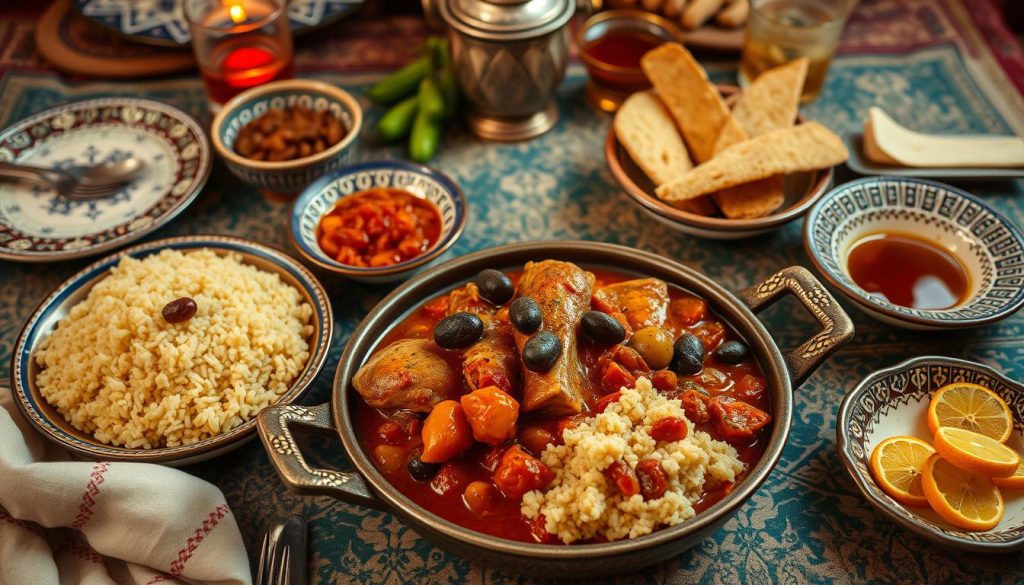 Tajine au poulet et olives servi avec du couscous et du pain marocain Tajine au poulet et olives servi avec du couscous et du pain marocain