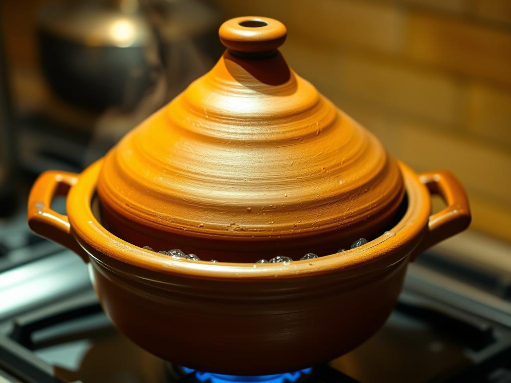 Tajine en train de mijoter à feu doux avec son couvercle conique Tajine en train de mijoter à feu doux avec son couvercle conique