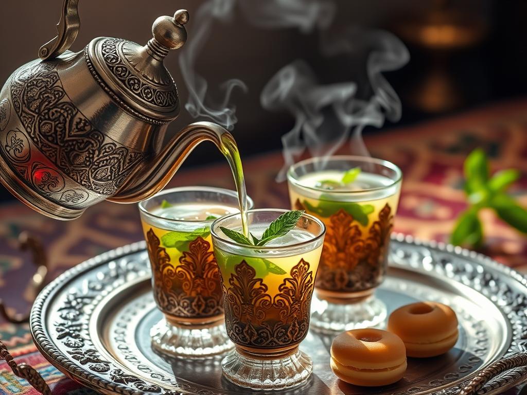 Thé à la menthe marocain servi dans des verres traditionnels Thé à la menthe marocain servi dans des verres traditionnels