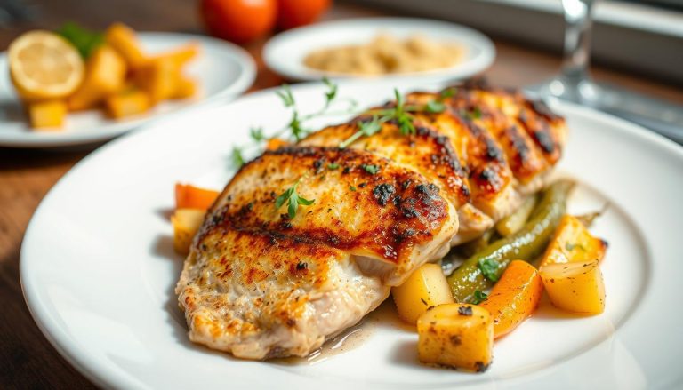 Escalope de Dinde au Four : Recette Facile et Savoureuse 3 escalope de dinde au four dorée et juteuse servie avec des légumes