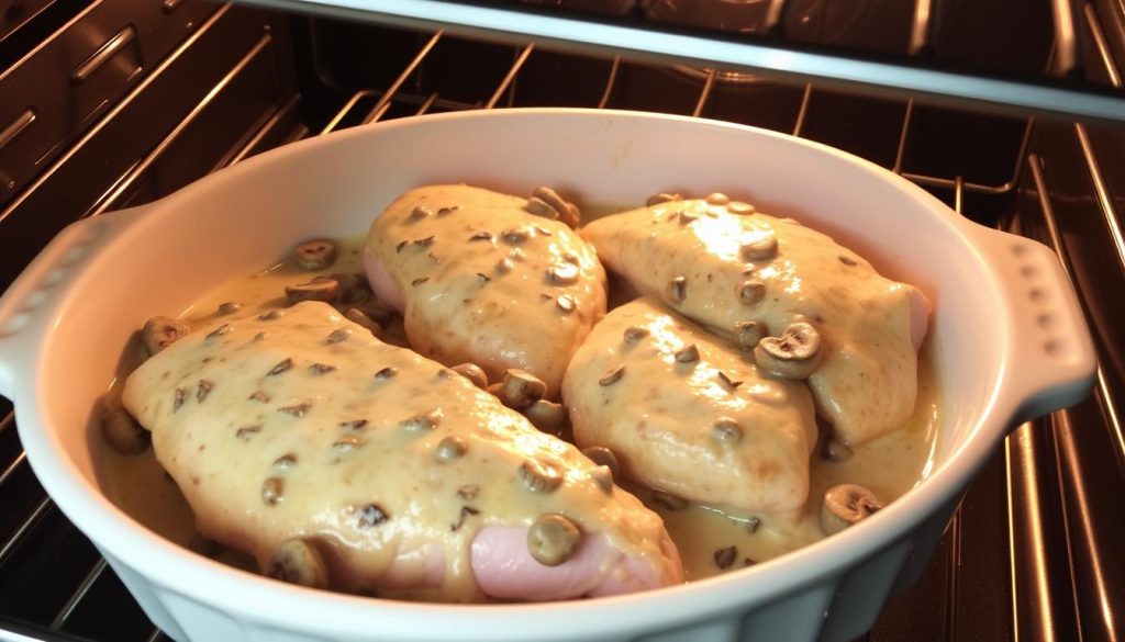 escalope de dinde au four en train de cuire avec sauce crémeuse