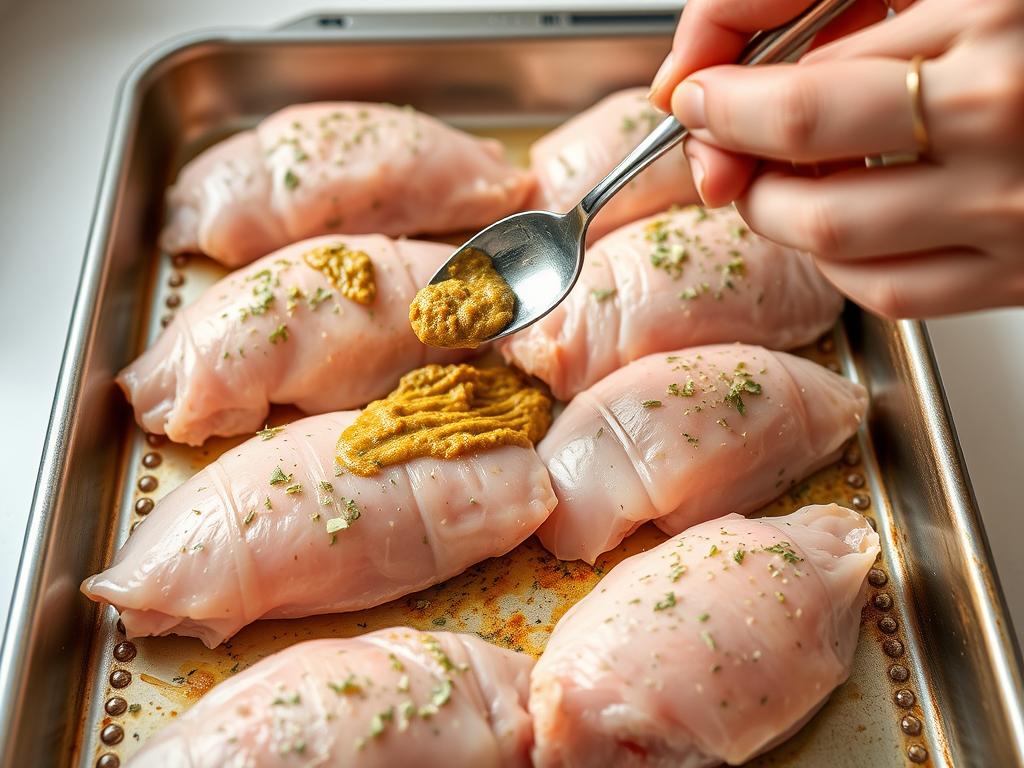 escalope de dinde badigeonnée de moutarde avant cuisson au four