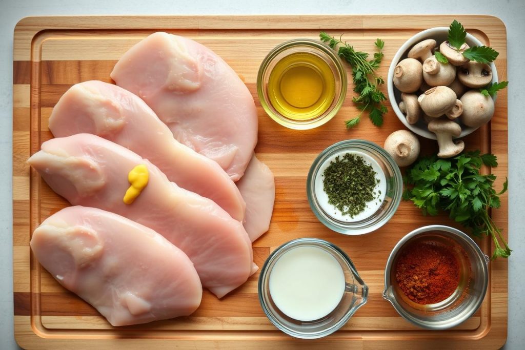 ingrédients pour escalope de dinde au four disposés sur un plan de travail