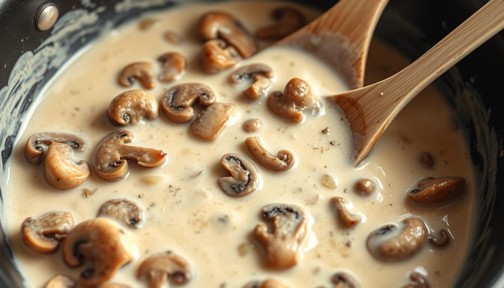 sauce aux champignons pour escalope de dinde au four en préparation