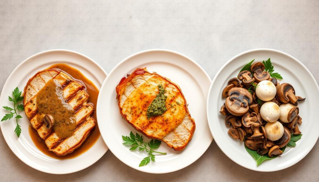 trois variations d'escalope de dinde au four servies côte à côte
