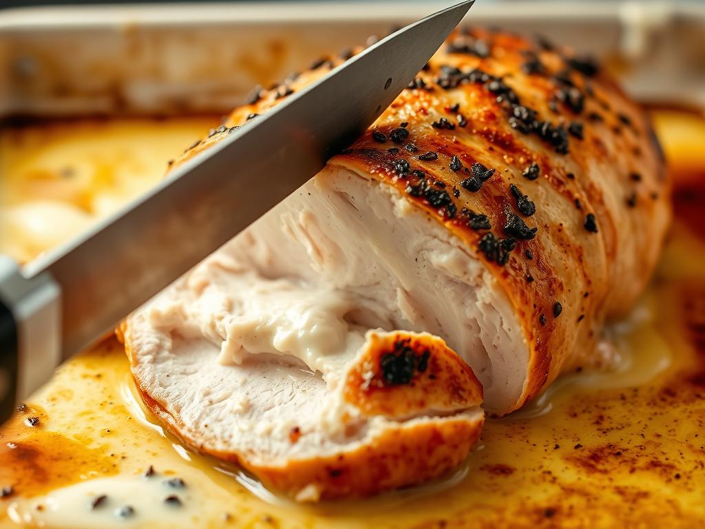 vérification de la cuisson d'une escalope de dinde au four